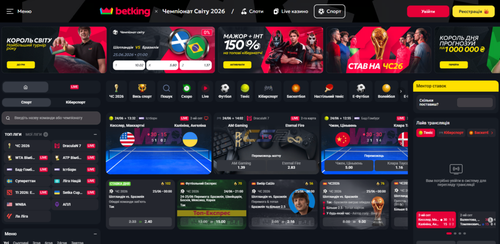 Главная страница легальной БК Украины Betking